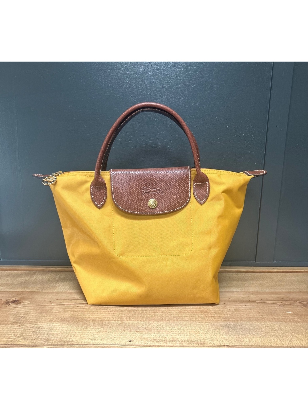 Longchamp Le Pliage Small Mustard Yellow Nylon Tote Bag with Brown Leather Trim